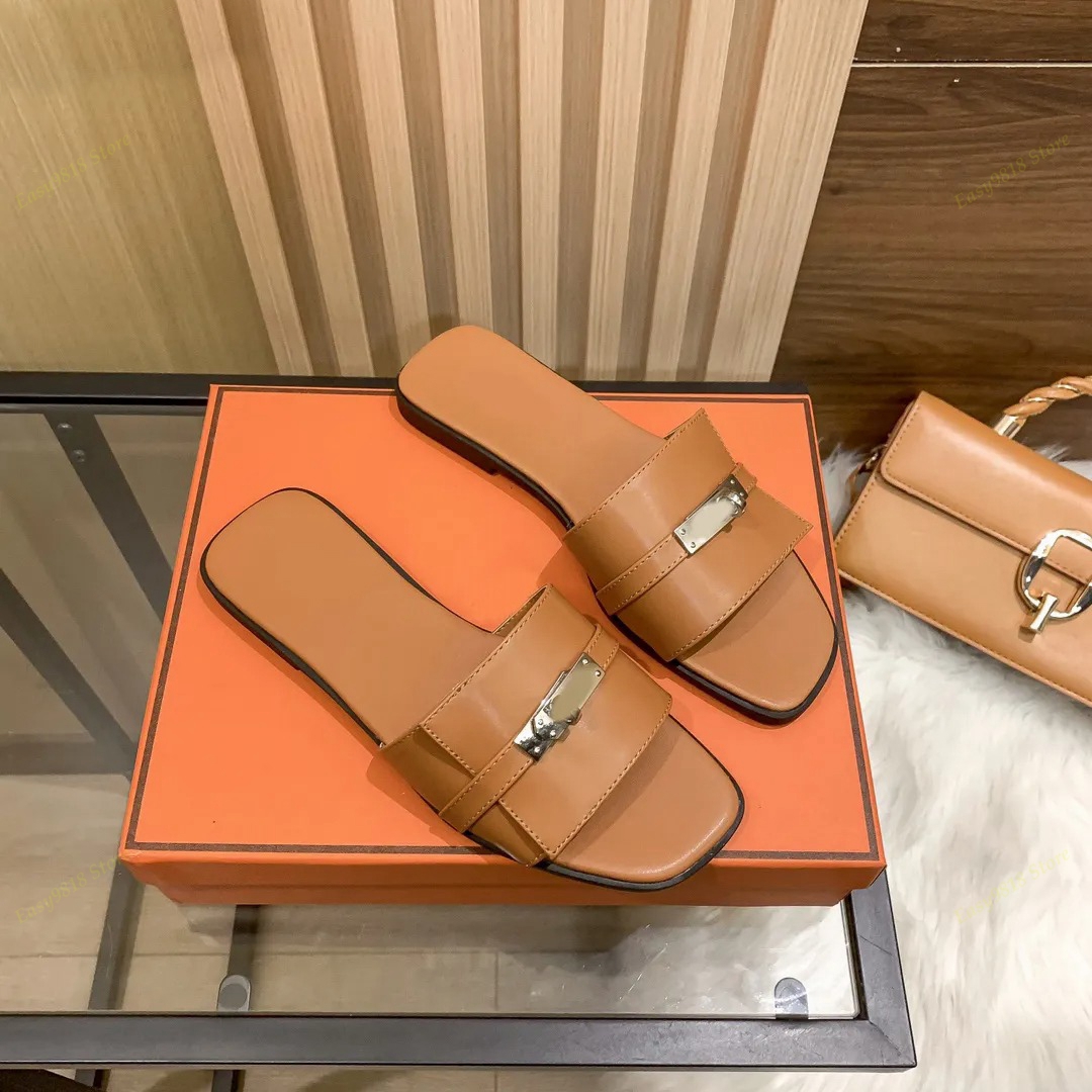 Summer slippers designer slides womens luxury beach flats real leather sandals calfskin mules ladies shoes brand flip flop silver buckle casual outdoor hasp shoe
