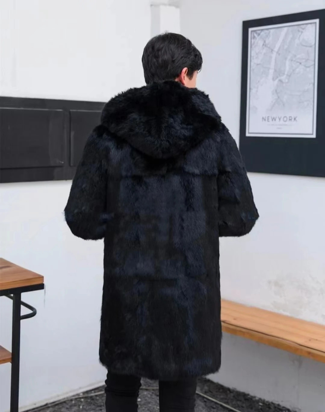 Mens True Rabbit Fur Coat Full Leather Medium to Long Fur Coat Mens Hooded Coat Loose Coat Exterior W250 241108