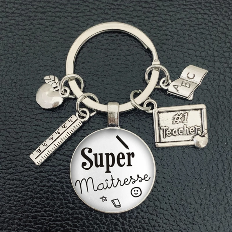 New teachers day gift keychain jewelry thank you teacher cute pattern pendant glass round charm bag keychain souvenir