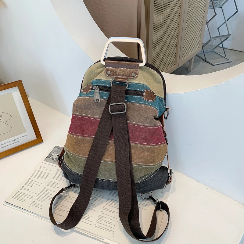 Backpack, Multi-Color Striped Canvas Women's Top Handle Daypack, Functional Shoulder Bag smile Backpack, Daypack,