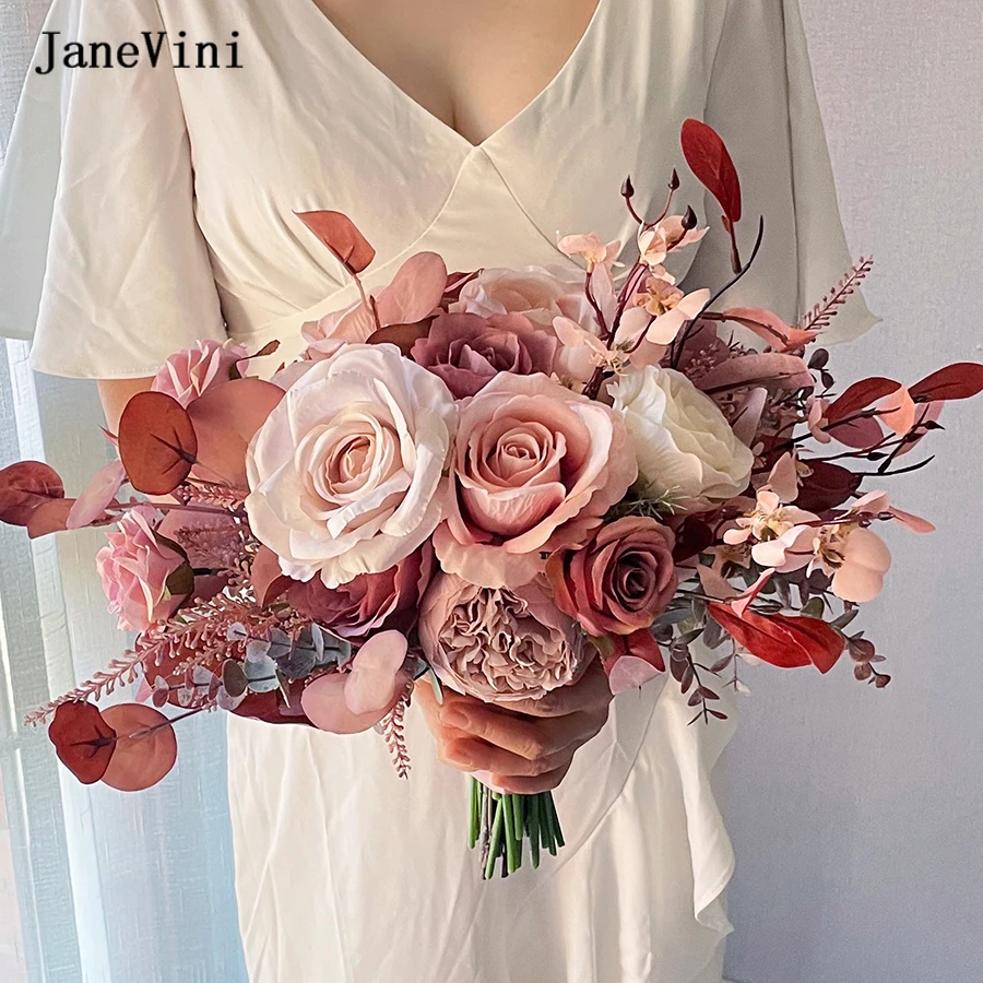 Pink Bride Vintage Janevini Flower For Wedding ddmysmile European Bridal Bouquets Handmade Silk Roses Eucalyptus Fake Bouquet Accessories Smile