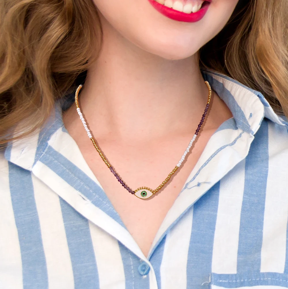 Stone Mini Natural Small Bead Necklace Evil Eye ddmysmile Freshwater Pearl Charm Necklace Reki Chain Necklace Choker Jewelry For Women Smile