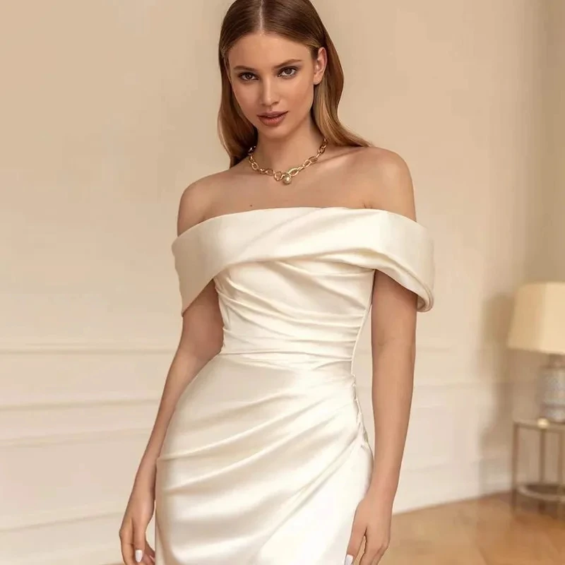 Wedding Dresses Boat Charming ddmysmile Neck Sheath Mermaid Lustrous Satin Bridal Gowns Off The Shoulder Elegant Vestidos De Novia 2024 Smile