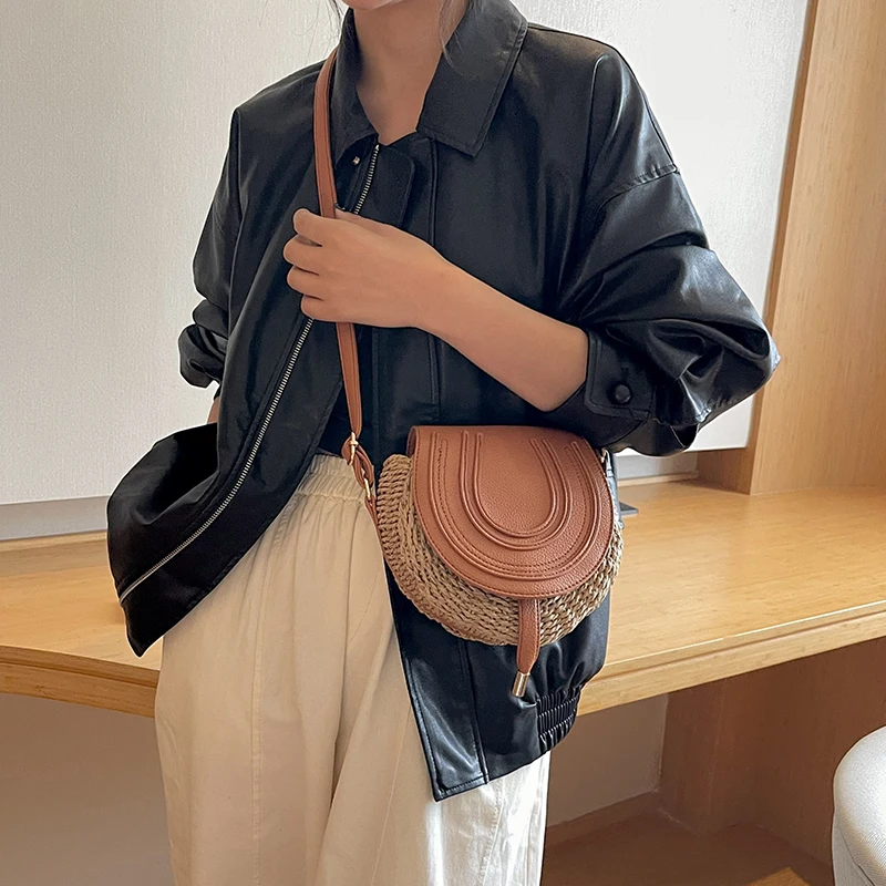 LEFTSIDE Small Straw Saddle Bags for Women 2023 Summer Crossbody Bags Lady Travel Purses and Handbags Female Shoulder Bag