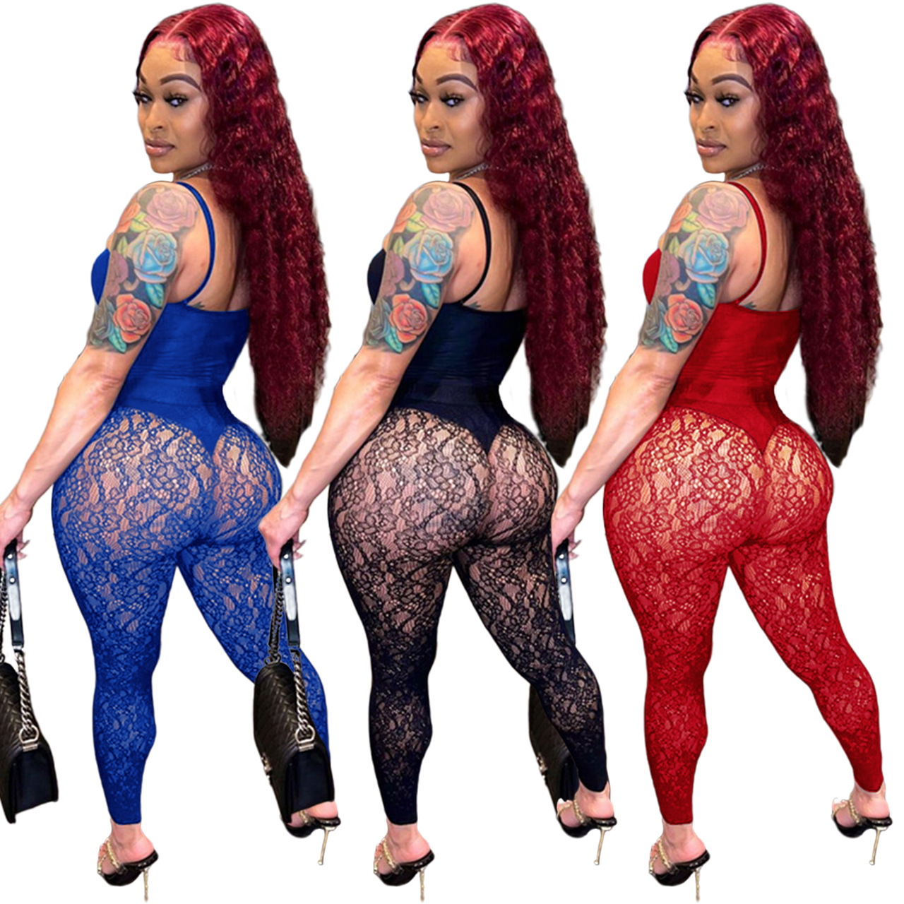 womens designer clothing Sexy Sleeveless Bodysuits See Through Lace Leggings two piece set women Summer Sheer Outfits Night Club Wear designer tracksu
