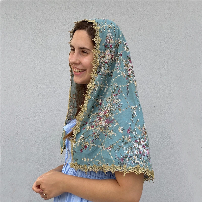 Velos de Mantilla de gasa Vintage en forma de D triangulares para iglesia, cubierta de cabeza de masa de catedral, dorado, colorido, Floral, azul