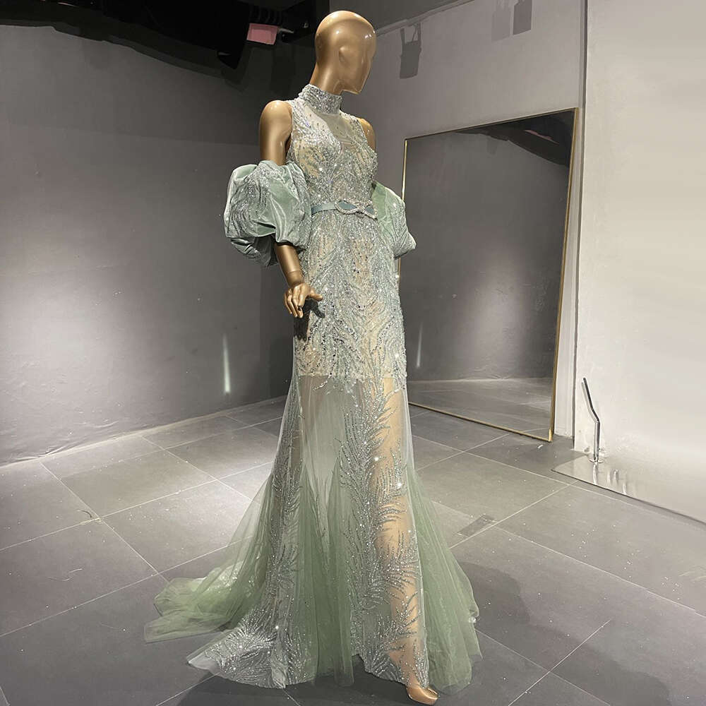Puff Customized Green Sleeve Evening Dresses Gowns Beaded Mermaid Elegant For Women Party Couture LA