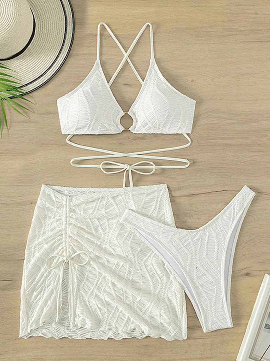 3 Pieces 2025 Ring Linked Bikinis Beach Skirt Swimsuit Women Sexy Swimwear Female Bathers Bathing Swimming Swim Suit Beachwear 240327