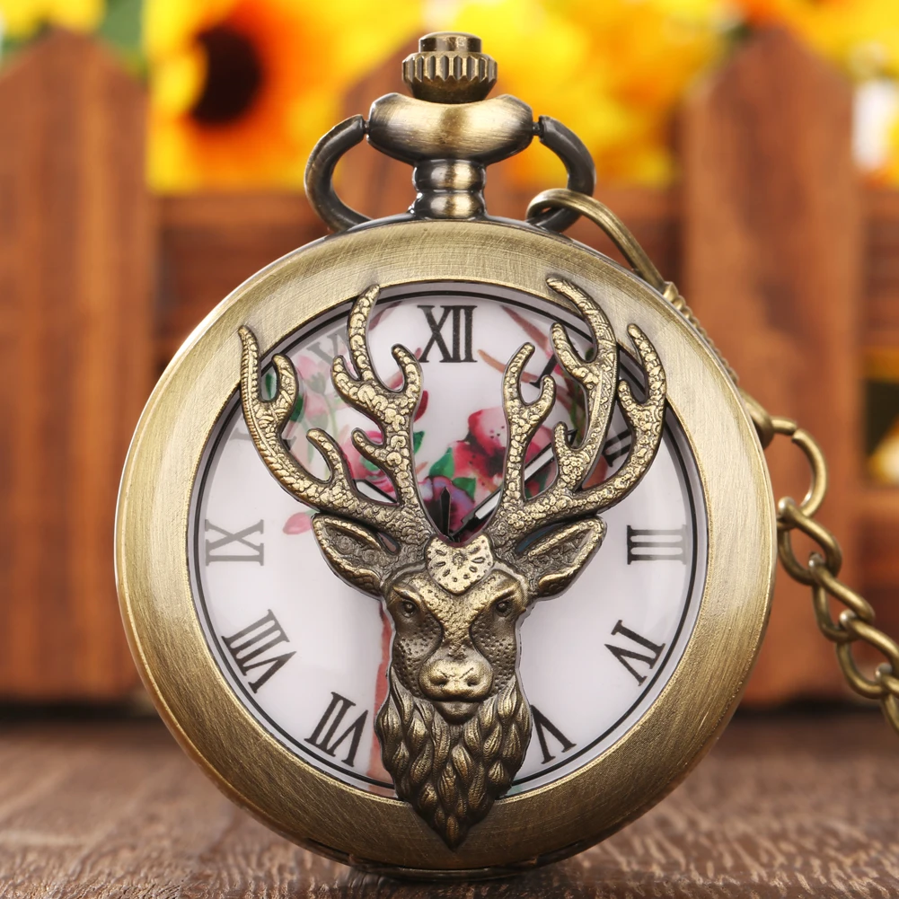 Hunter Elk Head Half Roman Numerals Bronze Men's Quartz ddmysmile Pocket Watch Trendy Retro Women's Necklace Pendant Watches Antique Clock S
