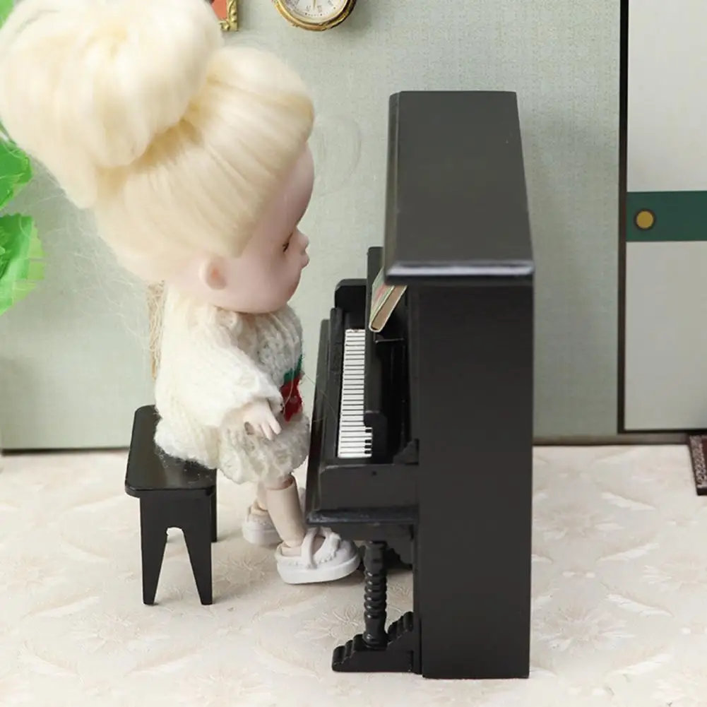 1/12 Vintage Miniature Retro Piano Set Dollhouse Mini Piano with Stool Musical Instrument Model for Doll House Accessories Decor
