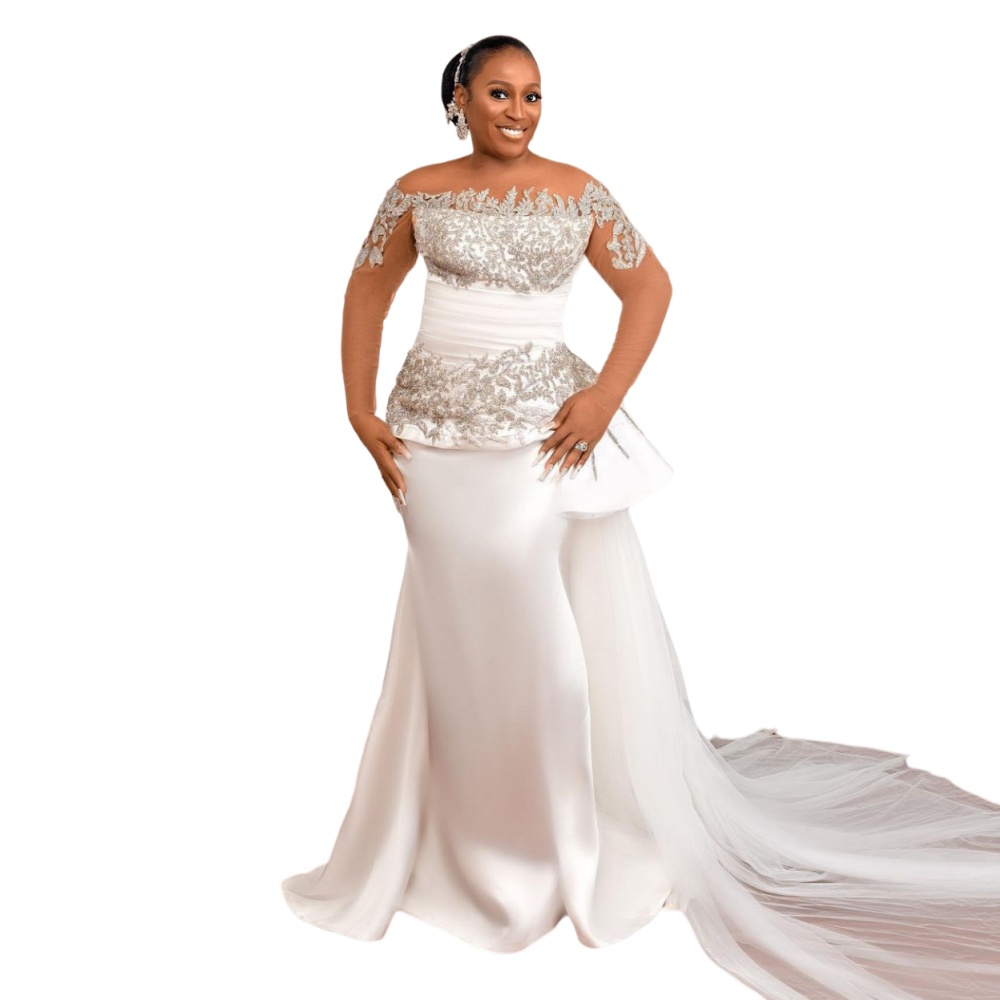 2024 Arabic Mermaid Wedding Dresses Illusion Jewel Neck Sier Crystal Beads Long Sleeves Bridal Gowns Plus Size Overskirts 0513