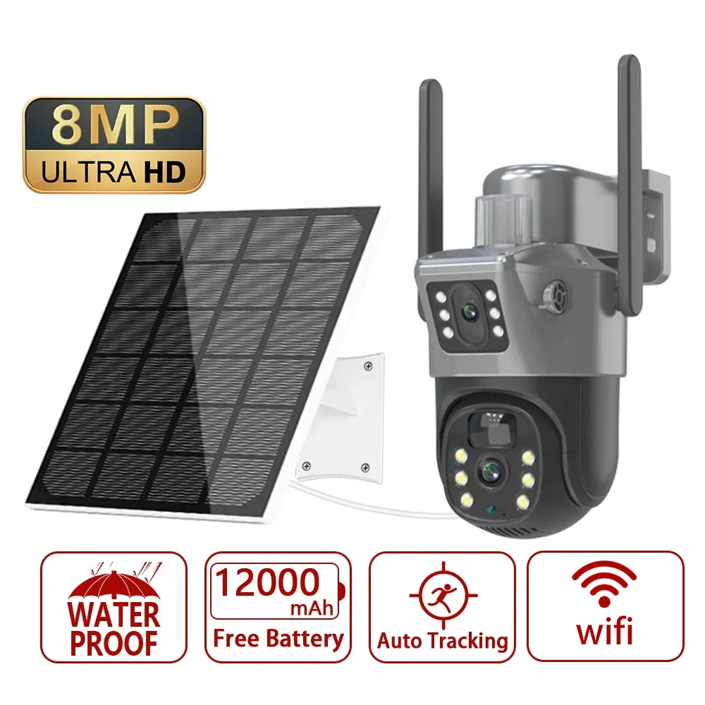 Solar PTZ Wifi Camera Dual Lens 8MP 4K Suitable For Waterproof Security CCTV Video Surveillance Camera Light Alarm IP Camera