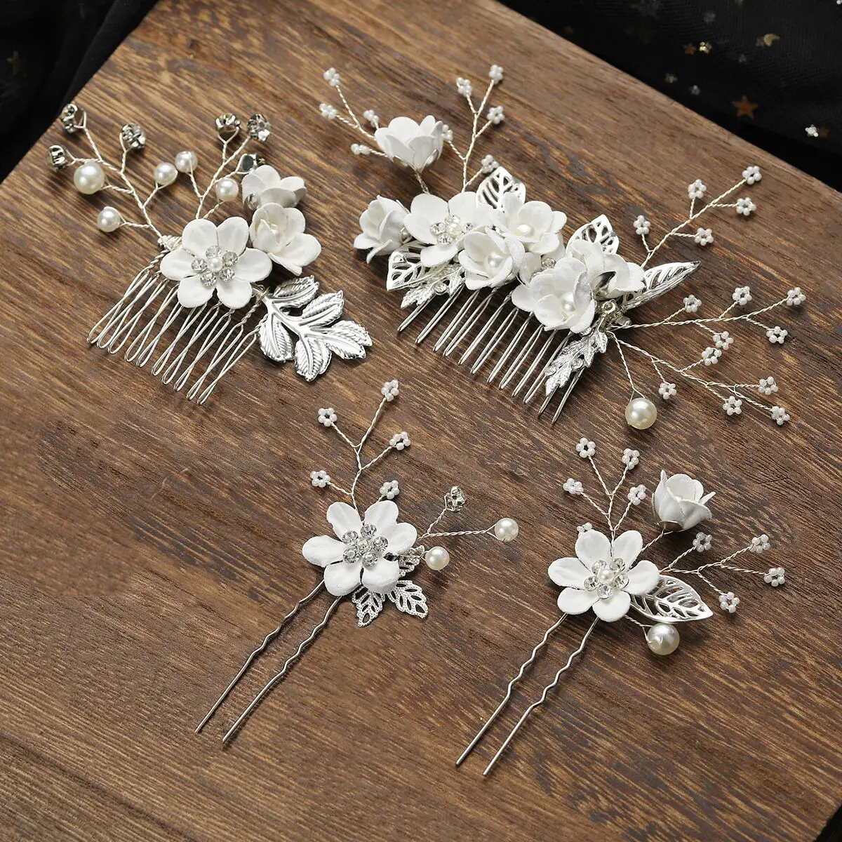 4PCS Hair Comb Wedding Flower Leaves Hair Pin Combs Romantic Crystal Bridal Clips Gold Color Leave Wedding Hair Accessories smile