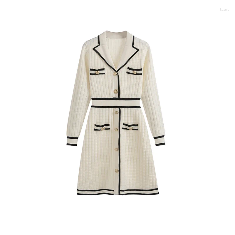 Casual Dresses French Small Fragrance Black Knit Dress Women Basic Elegant Contrast Long Sleeve Suit Collar Beige Female Bottoming