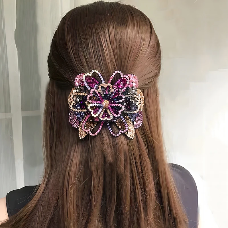 Rhinestone Full AWAYTR Elegant ddmysmile Flower Hair Clip Barrettes Headband For Women Hair Accessories Crystal Hairpin Spring Clips Smile