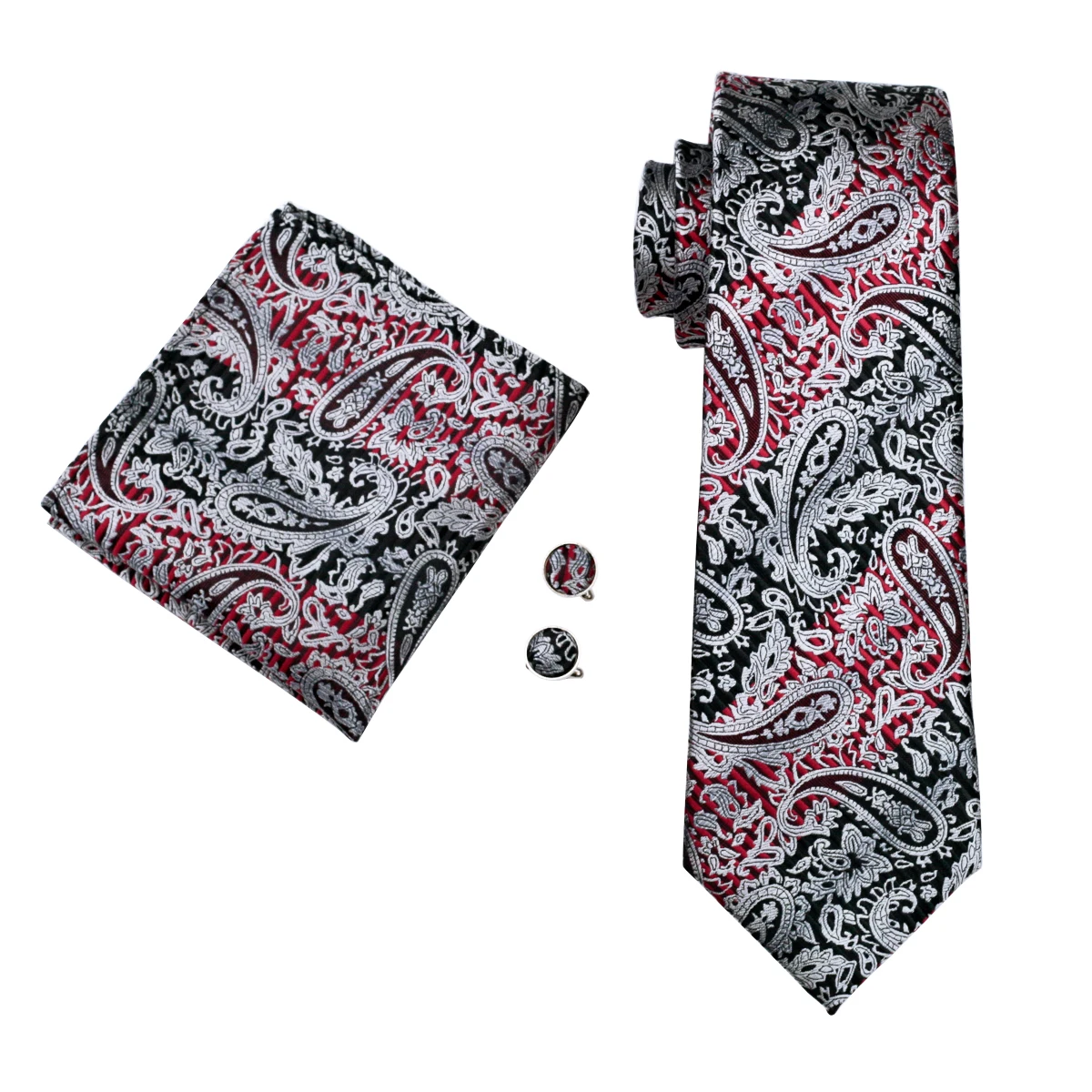 Grey Men Red Exquisite Necktie Brand Silk Paisley Jacquard Pocket Square Cufflinks Clips ddmysmile Set Wedding Party Barry.Wang 359 Smile