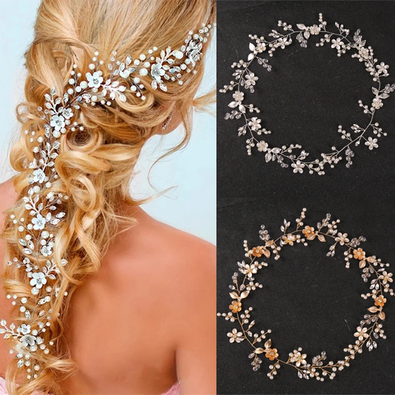 Flower Rhinestone Crystal Long Pearl Headbands Hairbands Tiaras For Bride Women Wedding Hair Accessories Ornaments Jewelry Gift smile