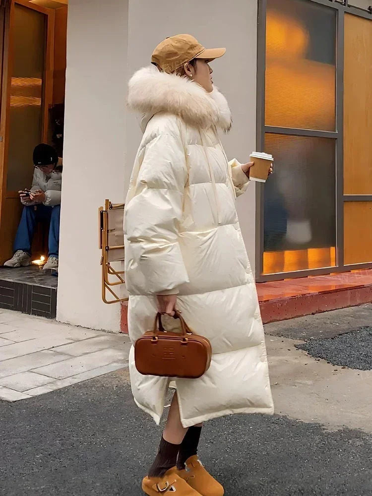 Super Raccoon Fur Army Green Quilt Down Jacket Winter Thick Plus Loose Warm White Duck Inflatable Jacket Womens 241108