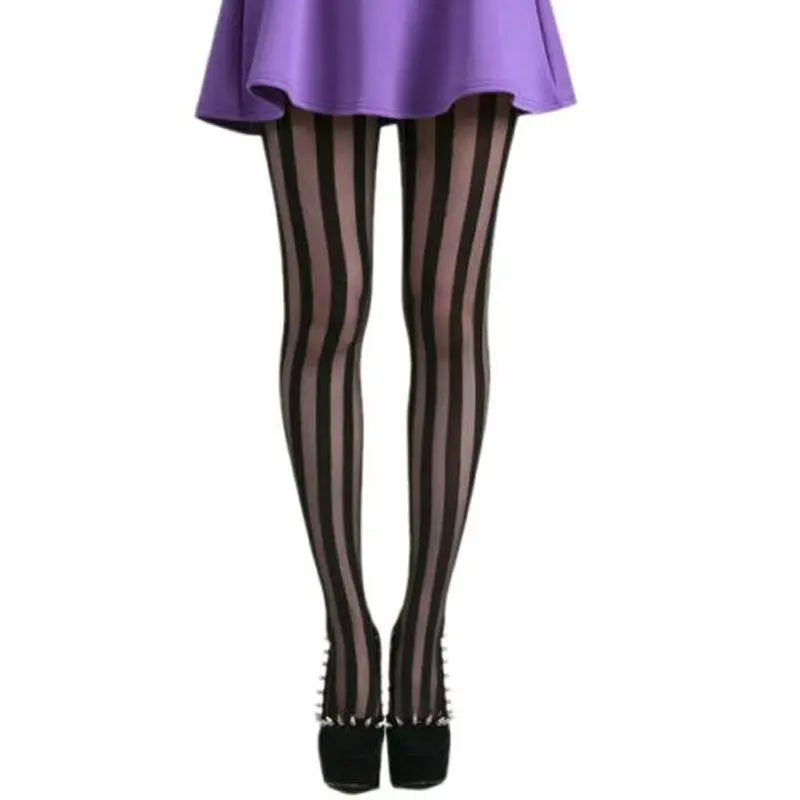 Sheer Women Girl Punk Gothic Vertical Stripe Tights Pantyhose Black Stockings