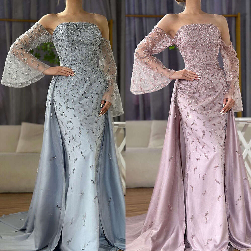 Customized Serene Hill Arabic Strapless Blue Beaded Pearls Dubai Evening Gown For Formal Ocn LA Mal