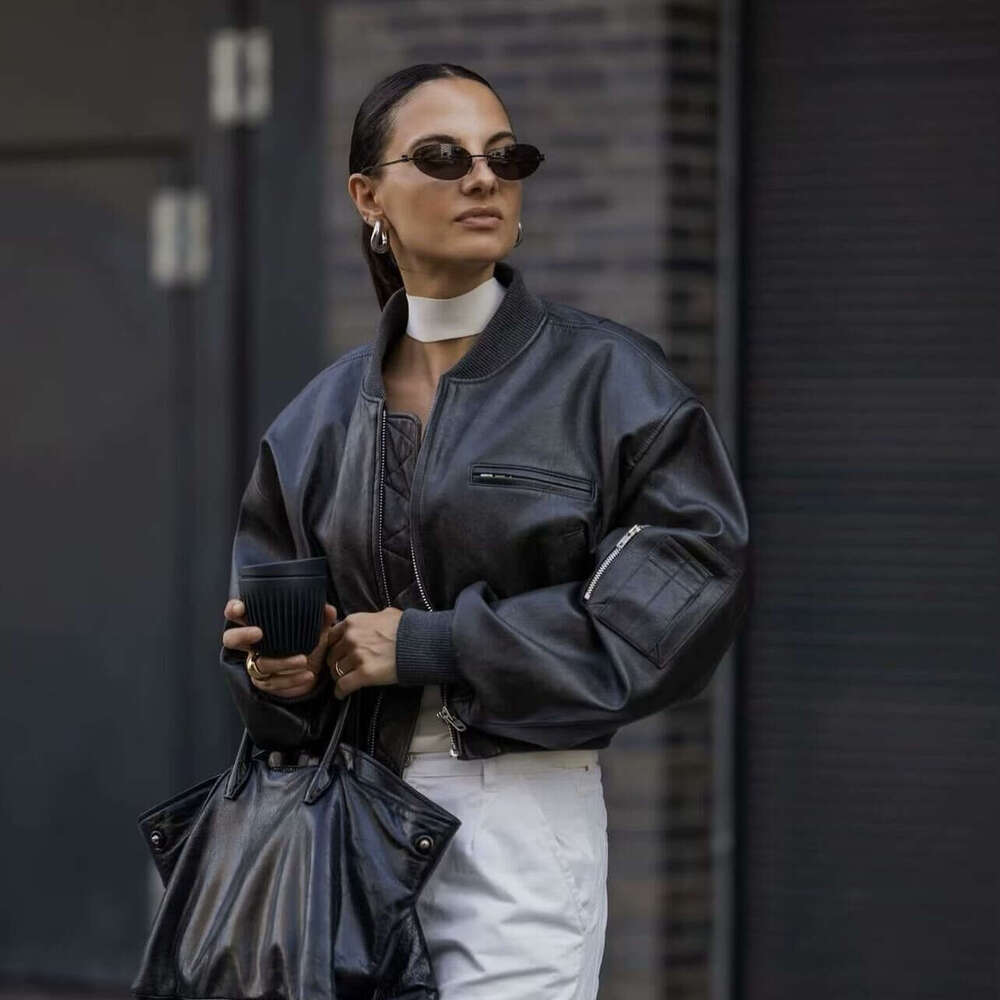 shanshi leather jacket women American Zipper Jacket for Women 2024 Winter New Collection with Cotton Warmth, Loose Long Sleeve PU Leather Coat, Trendy