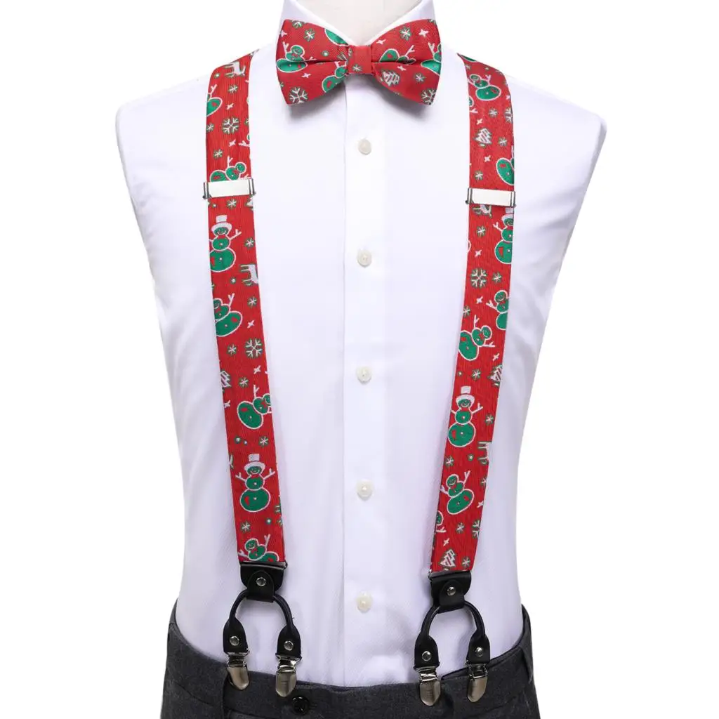 Silk Christmas Red Hi-Tie Mens Braces Jacquard Bowtie Hanky Cufflink Y Back Clip On Adjustable Suspender Bowtie Wedding smile