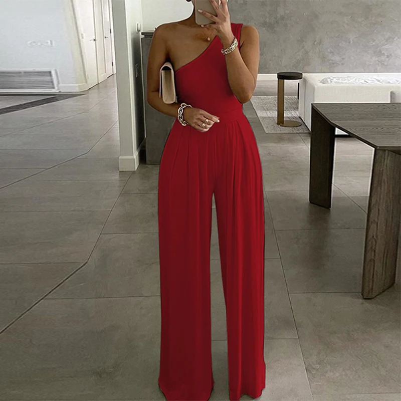 Summer Women Fashion Sexy One Shoulder Club Romper Bodysuit Elegant Wide Leg Jumpsuit Office Lady Casual Ovealls 240409