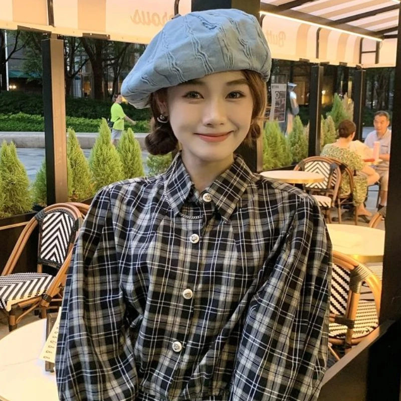 Niche Y2k Pleated Women's Denim Beret Big Head Circumference Japanese Painter Cloud Hat ddmysmile Washed Denim Berets Smile