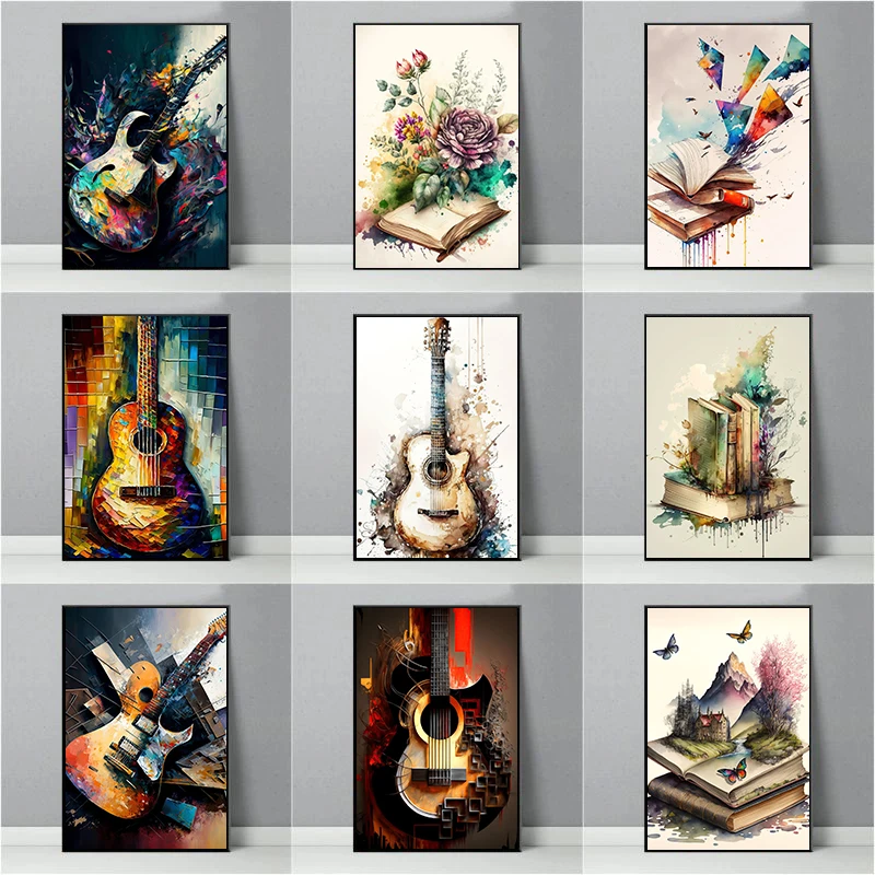 Watercolor Guitar and Books Poster Canvas Painting Modern Wall Art Picture for Living Room Study Office Home Decor Gift Idea
