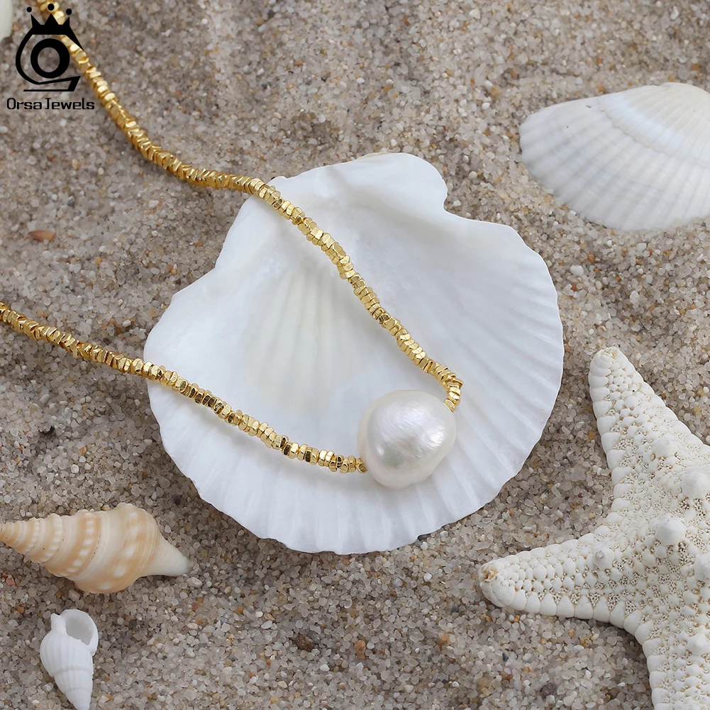 14K Gold JEWELS ORSA Sterling Sier Net Chain Necklace with Exquisite 11mm Freshwater Pearl for Women Jewelry GPN36 smile