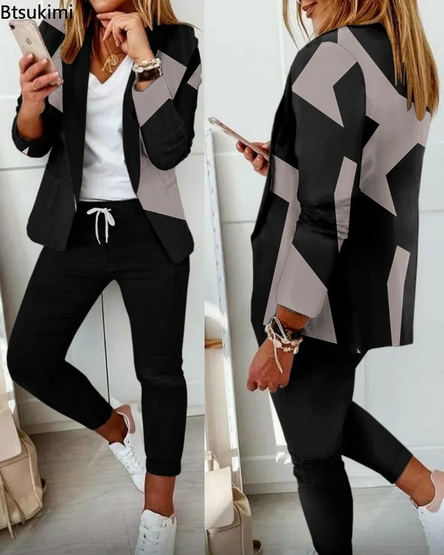 Womens Two Piece Pant Suit Set Outfits Spring Autumn Turn Down Print Blazer Coat Drawstring Pants Women Casual Sets 240329