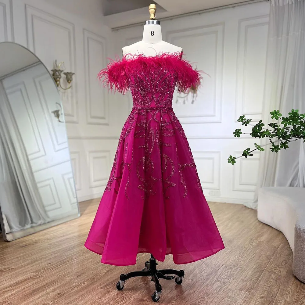 A-E Arabic Lilac Ankle Length Beaded Feather Evening Dresses Gowns For Women Party