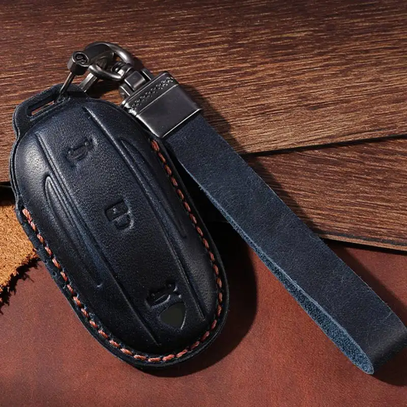 Horse Leather Crazy Retro Car Key Case Cover Keyring Holder for Tesla Model 3 Model X Model S Model Y Keychain Holder Fob Shell smile
