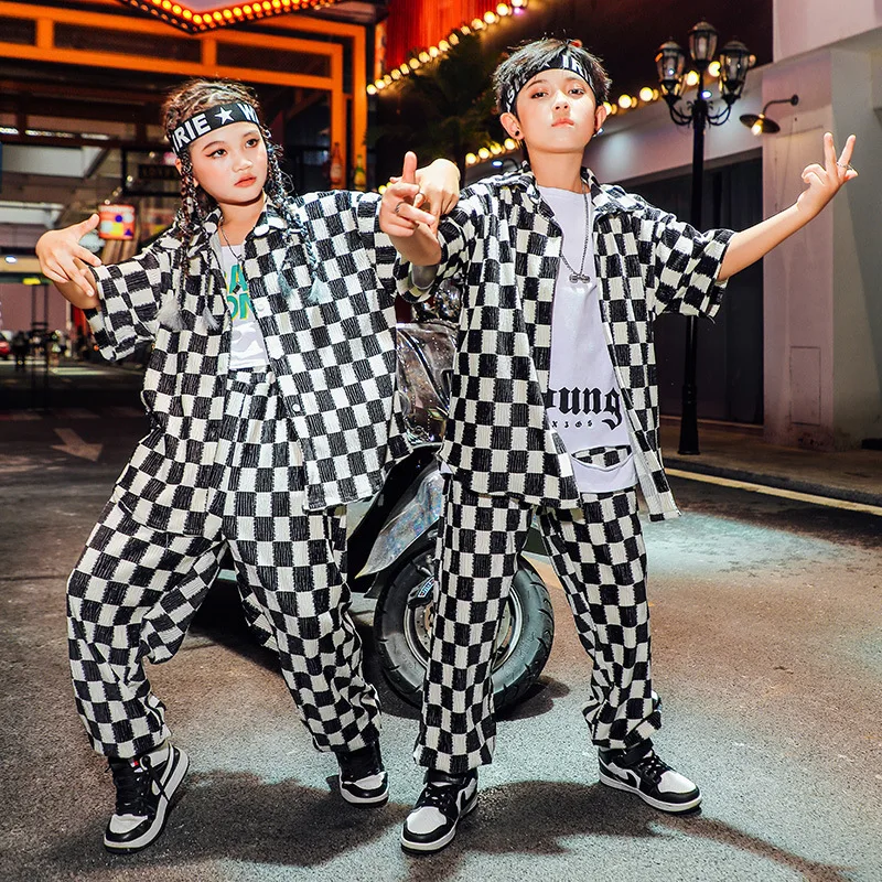 Clothing Hop Kid Hip Black Checkered Shirt Short Sleeve Top ddmysmile Streetwear Baggy Jogger Pants For Girl Boy Dance Costume Clothes Set Smile
