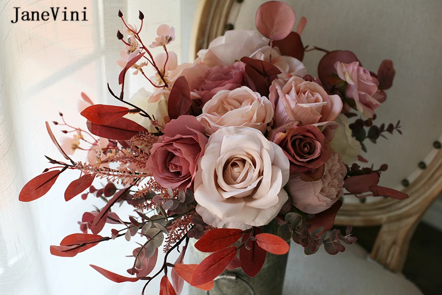 Pink Bride Vintage Janevini Flower For Wedding ddmysmile European Bridal Bouquets Handmade Silk Roses Eucalyptus Fake Bouquet Accessories Smile