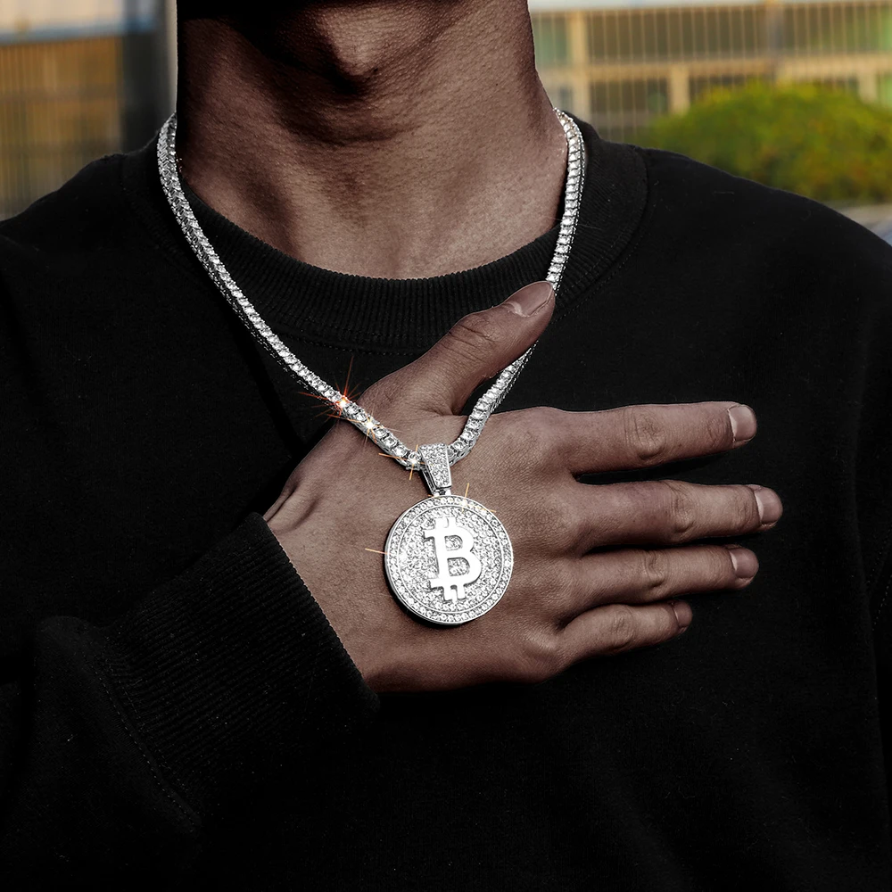 Out Bitcoin Pendant Iced Full Rhinestone Match Bling 4Mm ddmysmile Tennis Chain Necklace Choker Hip Hop Trendy Jewelry For Men And Women Smile