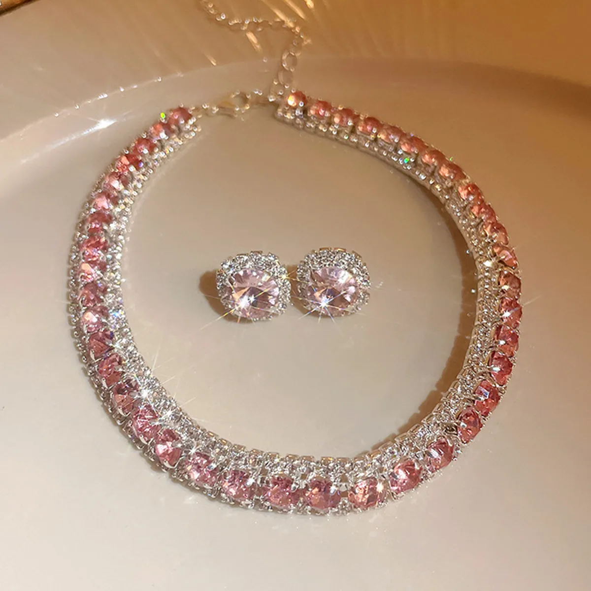 Crystal Necklace FYUAN Earrings Set Pink ABcolourful Necklace for Women Weddings Party Jewelry Sets Accessories smile