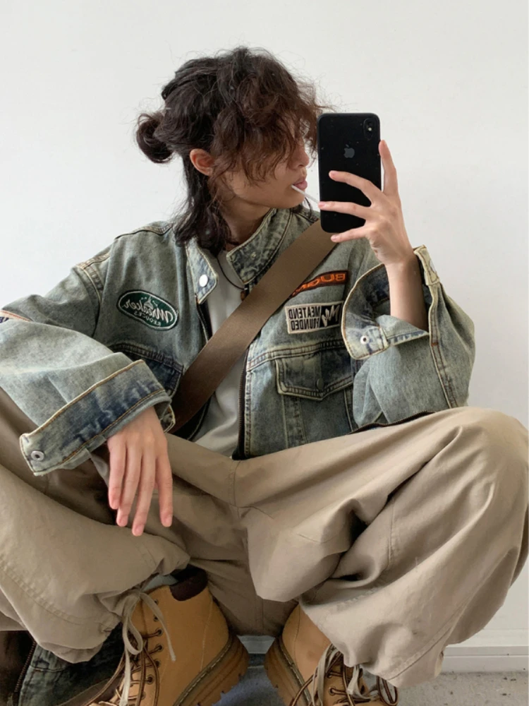 Retro Set Hop Hip Men Women High Street Embroidered Denim Jackets+Autumn Wide-leg Loose Cargo Pants Distressed Casual Two-piece smile Jackets+Autumn
