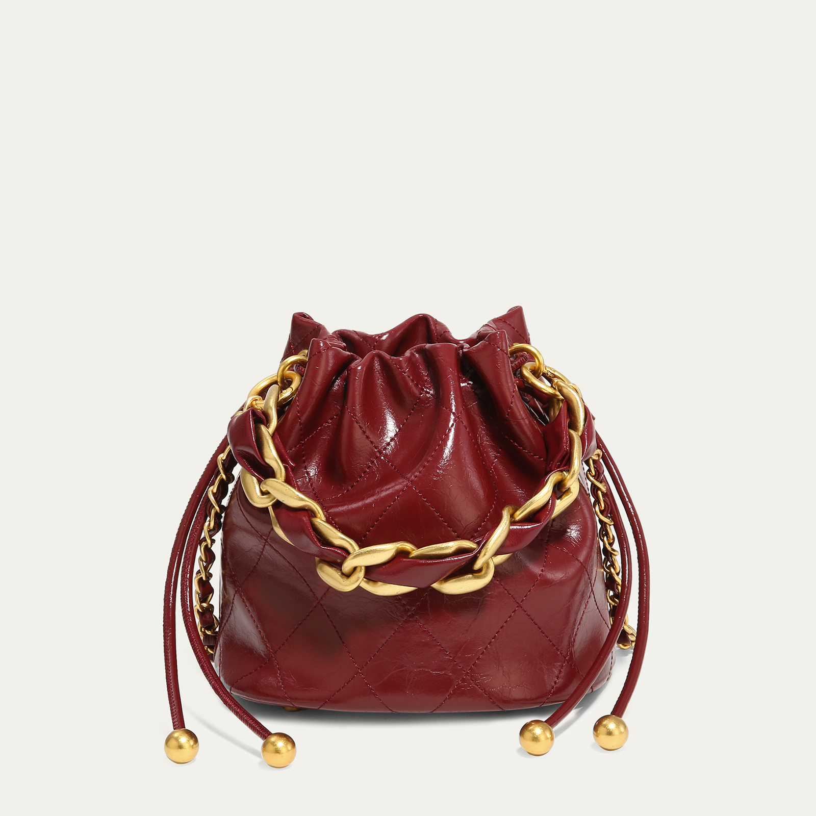 Genuine Leather Quilted Drawstring Bucket Bag Women With Chain Strap Crossbody Handbag For Daily Use And Commuting No Zipper Style BagVoyage