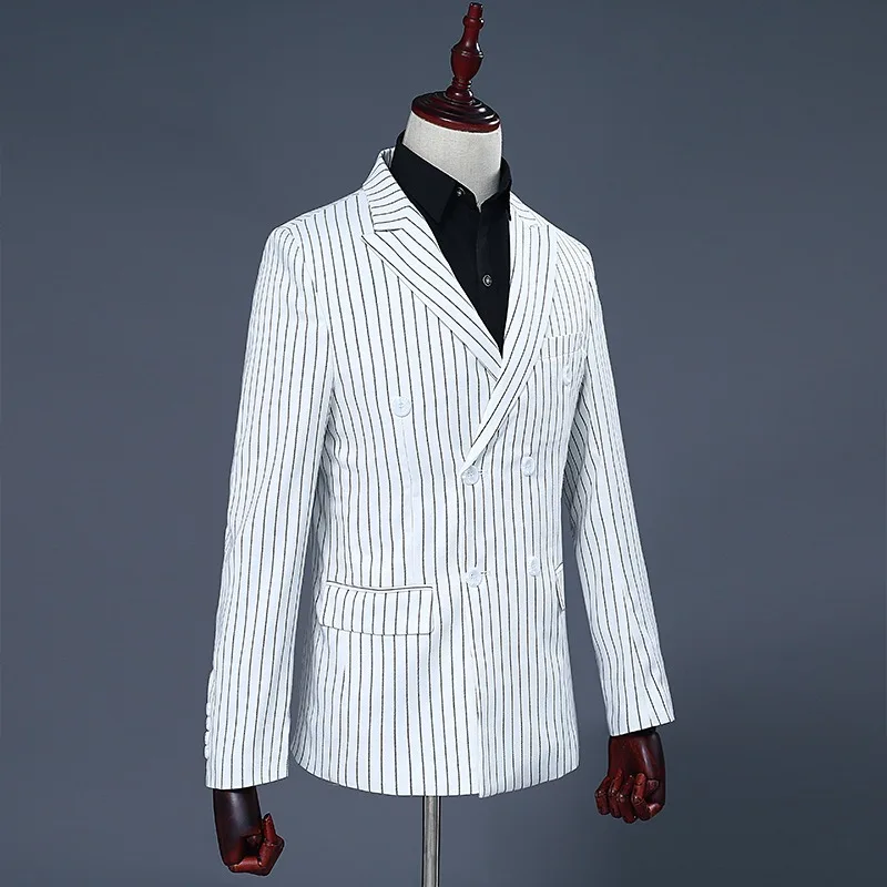 Men's White and Black Stripe Groom Dresses Performing Suits Double Breasted Smart Casual Men Suit Slim Fit White Regular Blazers