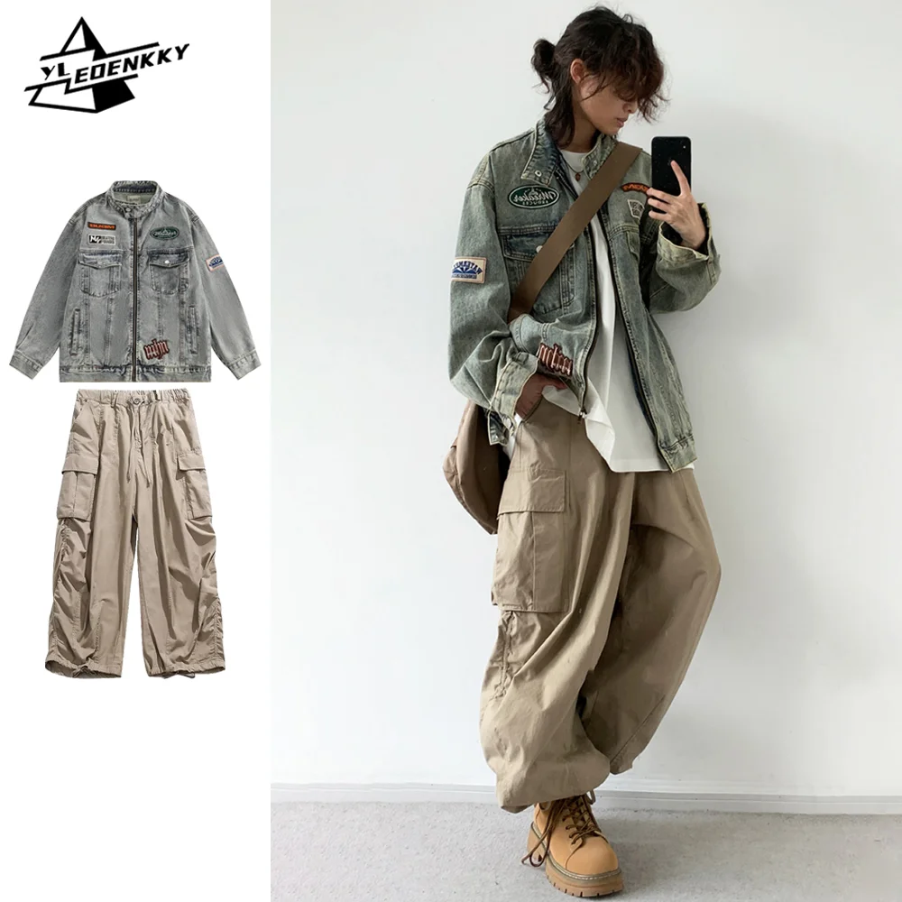 Retro Set Hop Hip Men Women High Street Embroidered Denim Jackets+Autumn Wide-leg Loose Cargo Pants Distressed Casual Two-piece smile Jackets+Autumn