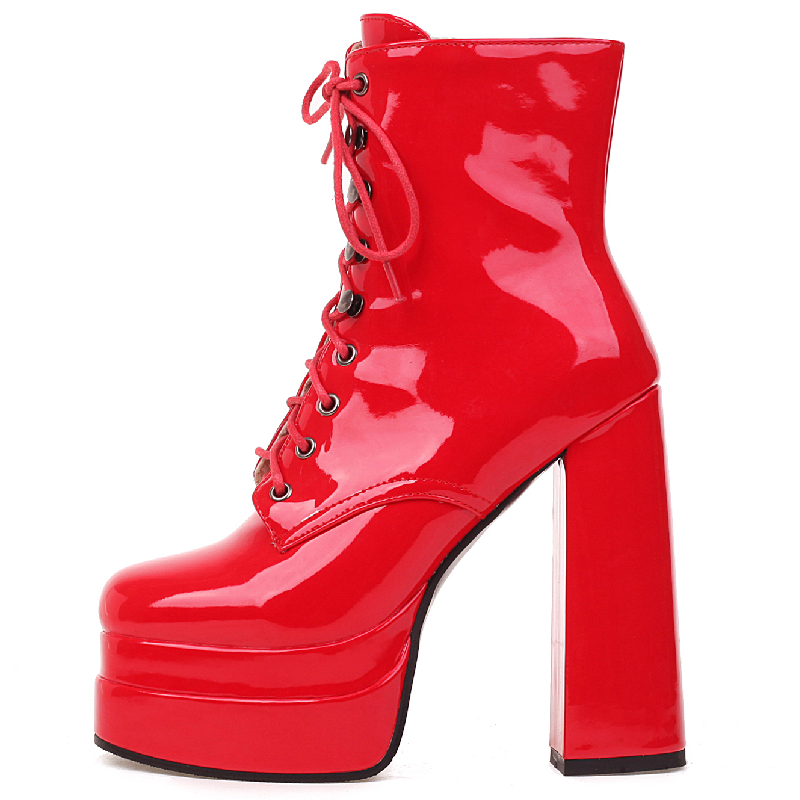 Boot Spring Ladies Sexy Punk High Heels Platform Ankle Boots For Women Leather Lace Up Red White Fetish Shoes Female Large Size b020 s