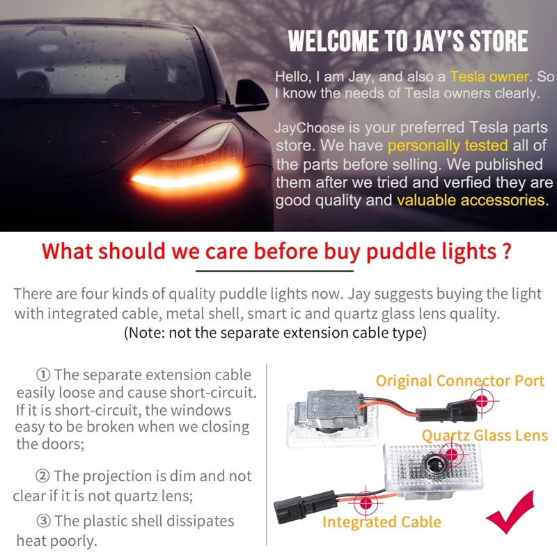 2pcs Puddle Lights for Tesla Model Y 3 Highland Accessories 2024 2023 2022 Door Welcome LED Bulb Projecter Car Logo Plaid Emblem
