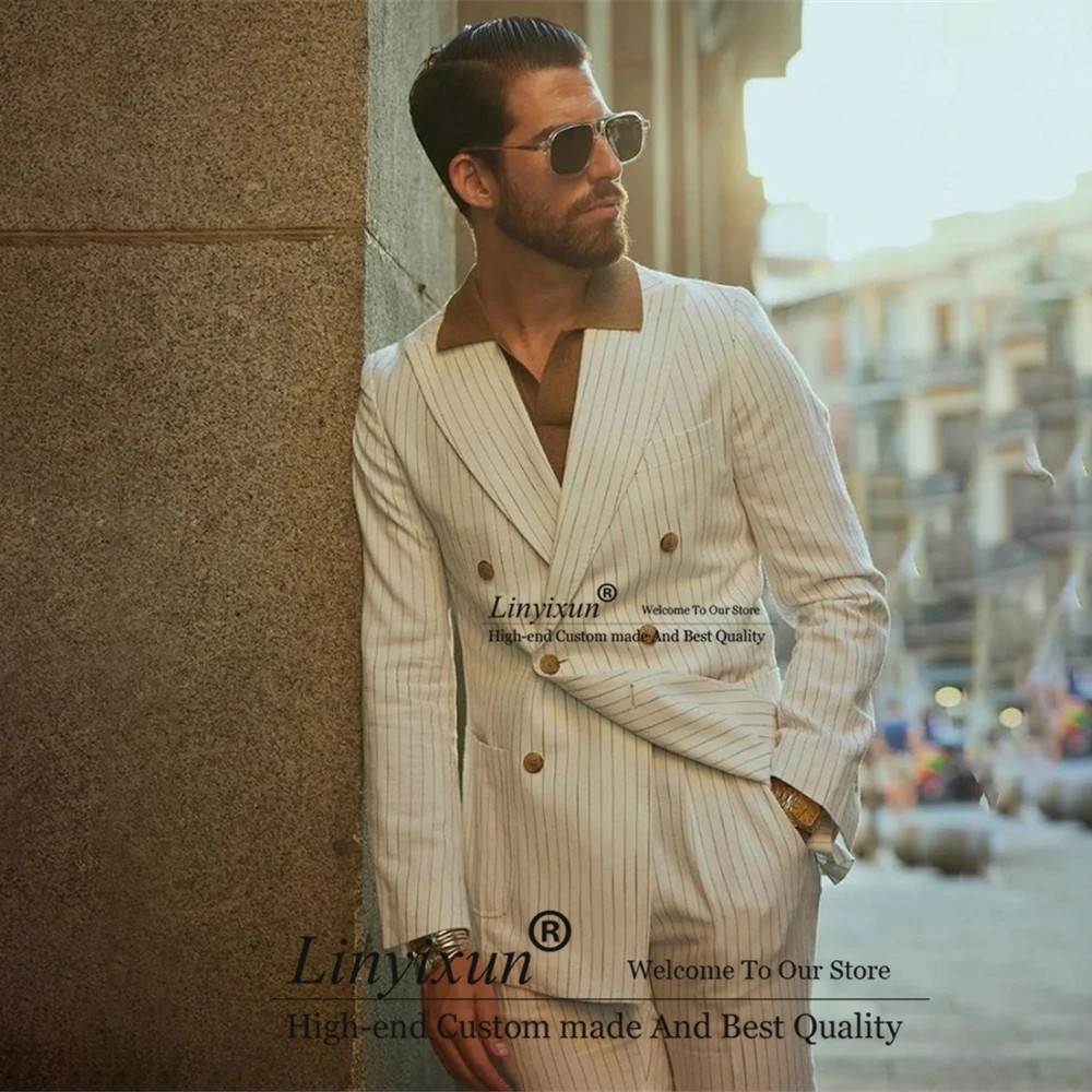 Striped Fit White Slim Mens Suits Peak Lapel 2 Piece Set Wedding Groom Tuxedo Double Breasted Banquet Blazer Terno Masculino smile