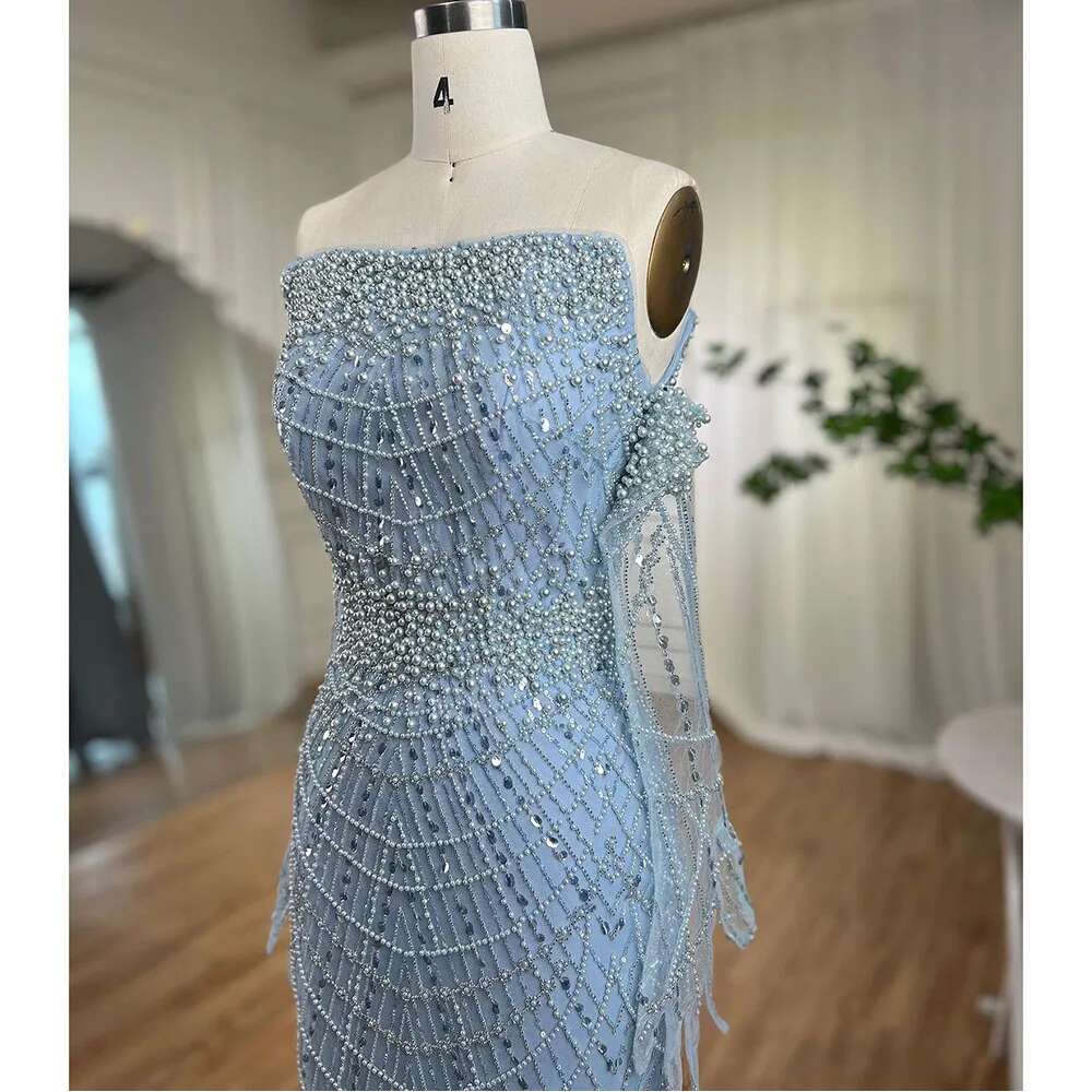 Hill Arabic Serene Blue Elegant Mermaid Strapless Beaded Party Dresses Gowns Formal Evening LA A Customized