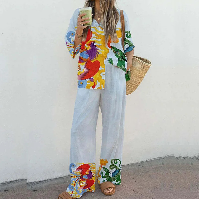 Casual Short Sleeve Cotton Linen Outfits Fashion Lapel Button Shirt Long Pant Suit Women Elegant Pattern Print Two Piece Sets 240401