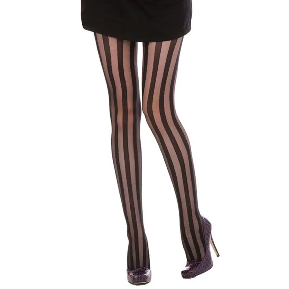 Sheer Women Girl Punk Gothic Vertical Stripe Tights Pantyhose Black Stockings