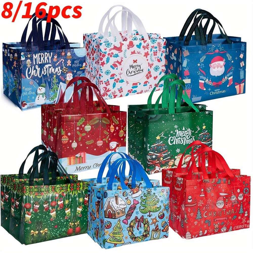 Christmas 8/16pcs Set Large Christmas Gift with Handles Reusable Non-Woven Tote Bags for Holiday Shopping Decor, Durable & Foldable, Featuring Santa, 