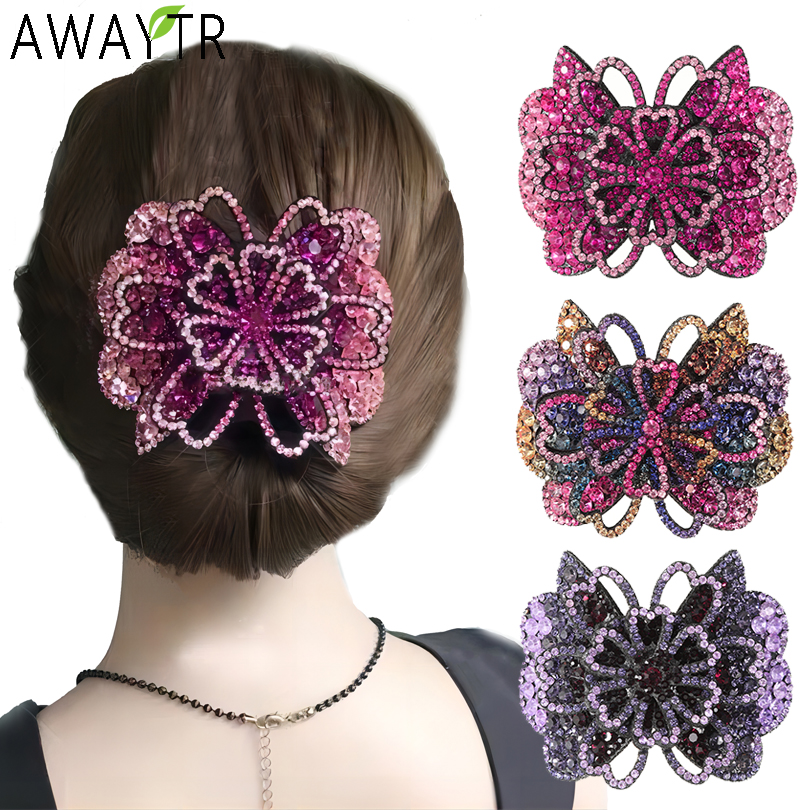Rhinestone Full AWAYTR Elegant ddmysmile Flower Hair Clip Barrettes Headband For Women Hair Accessories Crystal Hairpin Spring Clips Smile