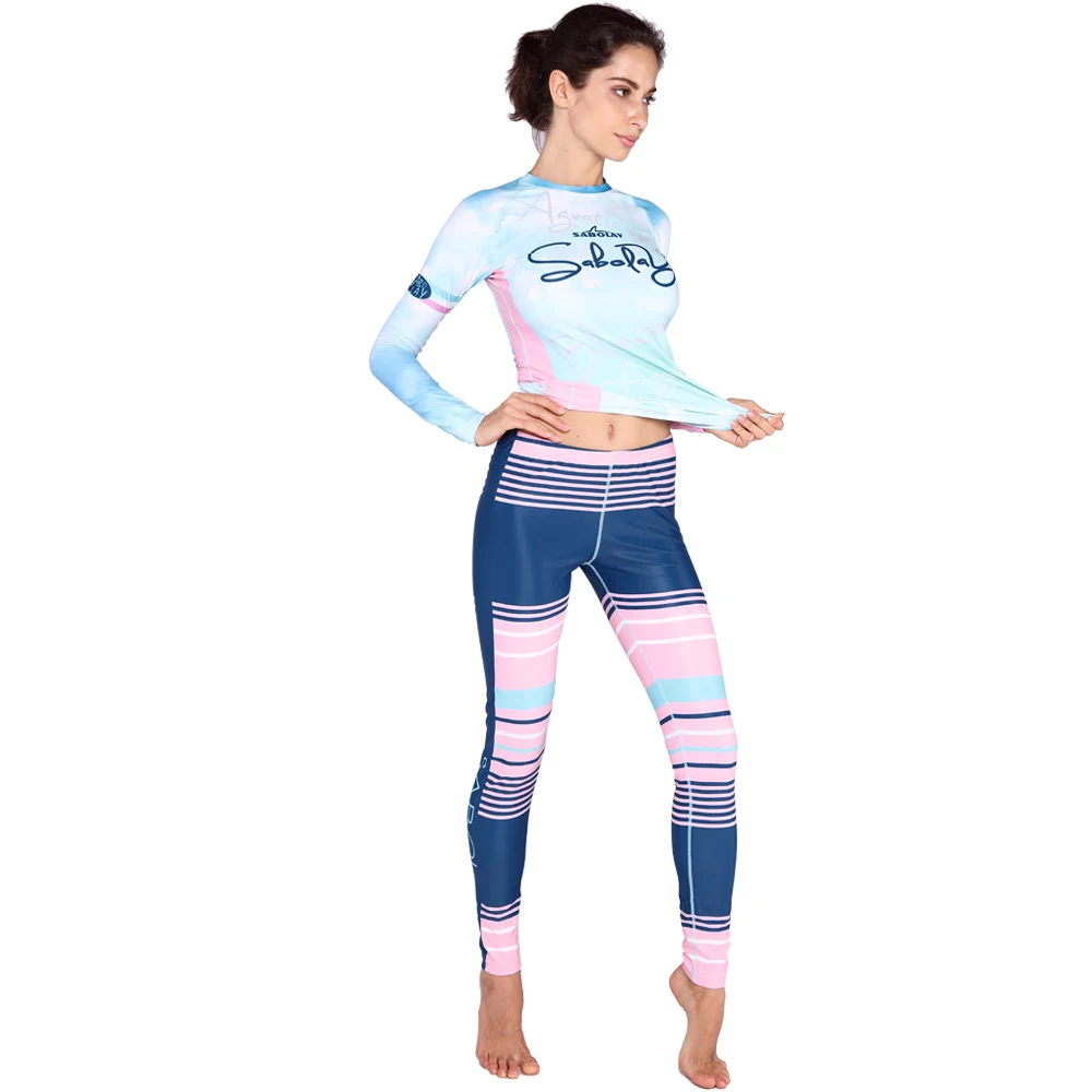 SABOLAY Women Lycra Tight Long Sleeve Surf Diving Suit Rashguards Swimsuit Rash Guard Sunscreen Swimming Shirt Trousers smile